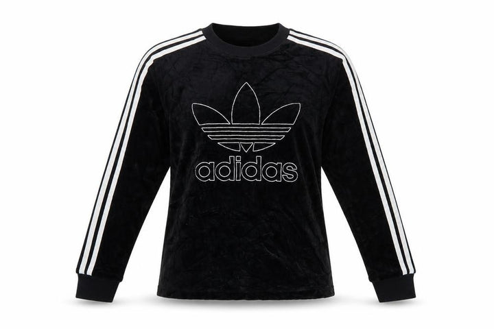 Adidas Women Black UK 8 Velour Trefoil Logo 3 Stripe Pullover Sweatshirt