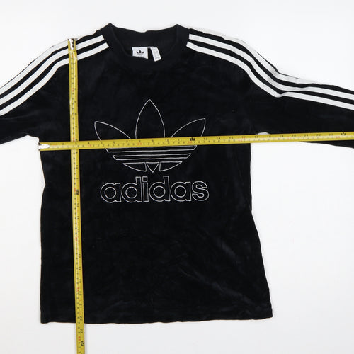 Adidas Women Black UK 8 Velour Trefoil Logo 3 Stripe Pullover Sweatshirt