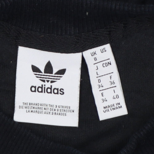 Adidas Women Black UK 8 Velour Trefoil Logo 3 Stripe Pullover Sweatshirt