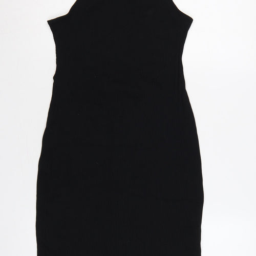 H&M Women Black L Bodycon Midi Halter Ribbed Tie-Back Dress