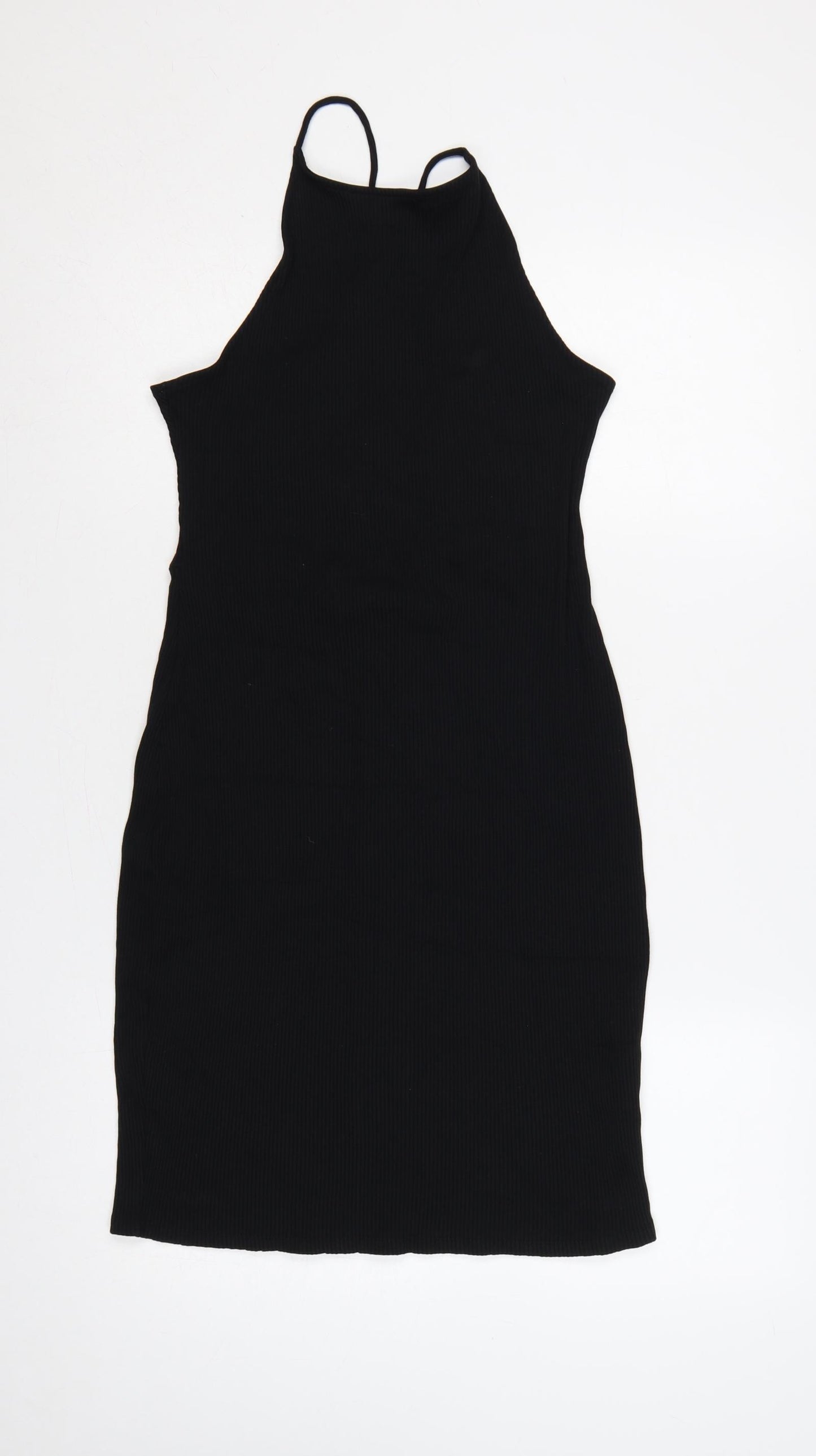 H&M Women Black L Bodycon Midi Halter Ribbed Tie-Back Dress