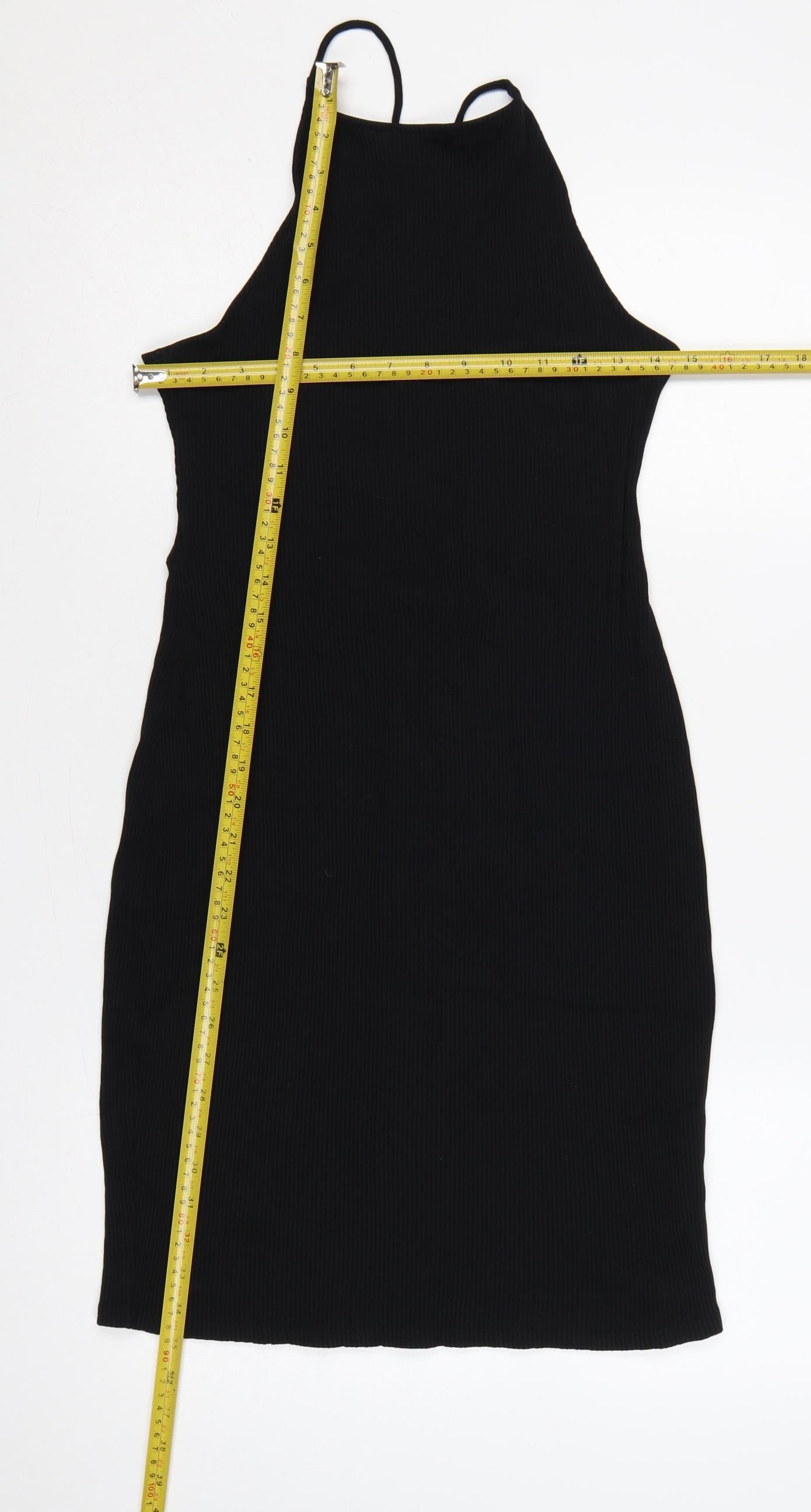 H&M Women Black L Bodycon Midi Halter Ribbed Tie-Back Dress