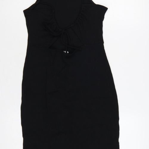 H&M Women Black L Bodycon Midi Halter Ribbed Tie-Back Dress