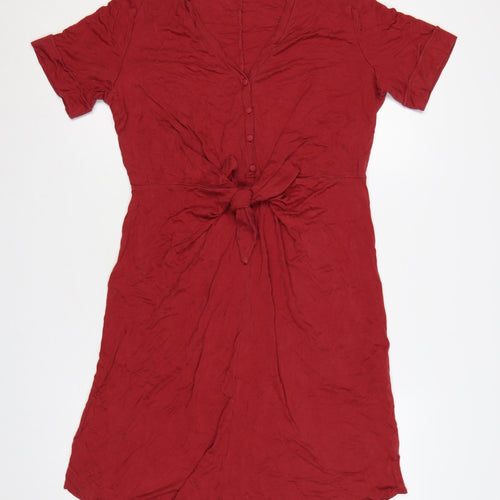 Massimo Dutti Women Red M Lyocell Knee Length Tie Waist Shirt Dress