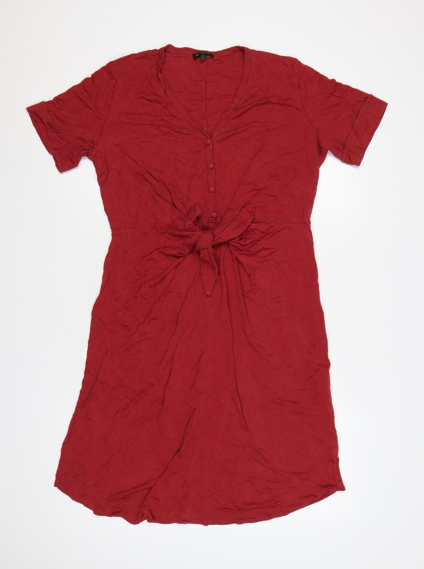 Massimo Dutti Women Red M Lyocell Knee Length Tie Waist Shirt Dress
