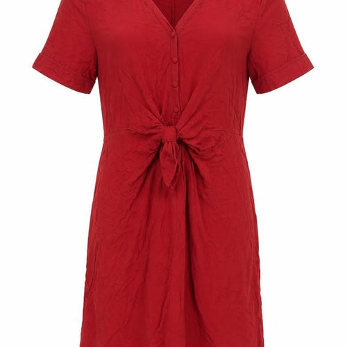 Massimo Dutti Women Red M Lyocell Knee Length Tie Waist Shirt Dress