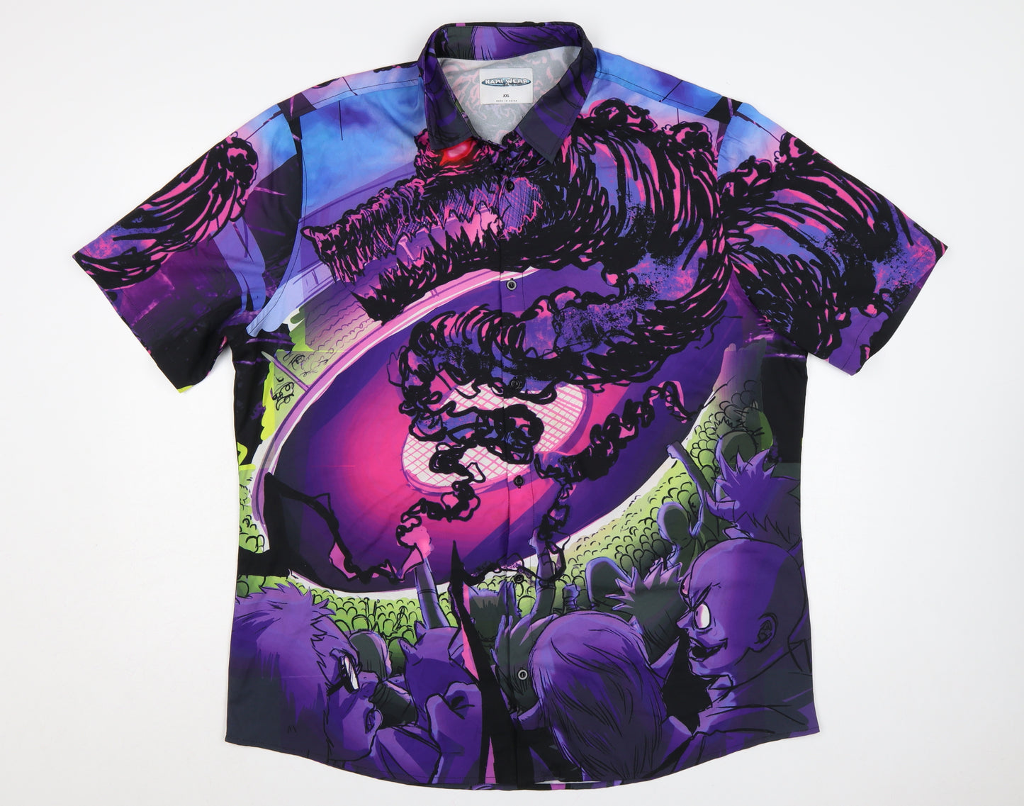 Nami Wear Men Purple 2XL Graphic Horror Monster Short Sleeve Button-Up Shirt