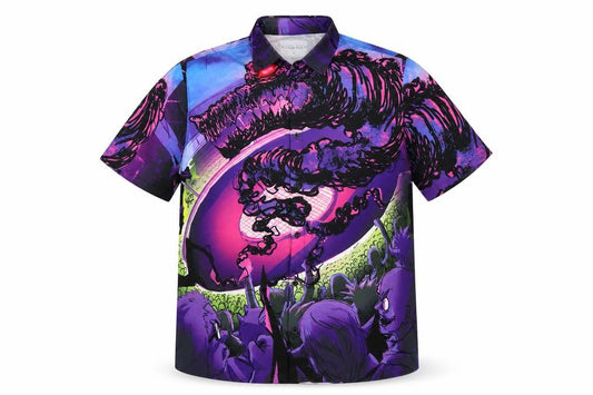 Front view of Nami Wear Men Purple 2XL Graphic Horror Monster Short Sleeve Button-Up Shirt