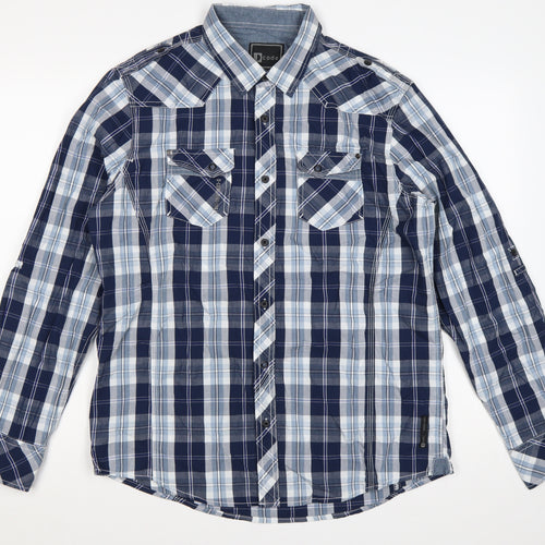 Dcode Men’s Blue Plaid Check Long Sleeve Button-Up Shirt L Casual