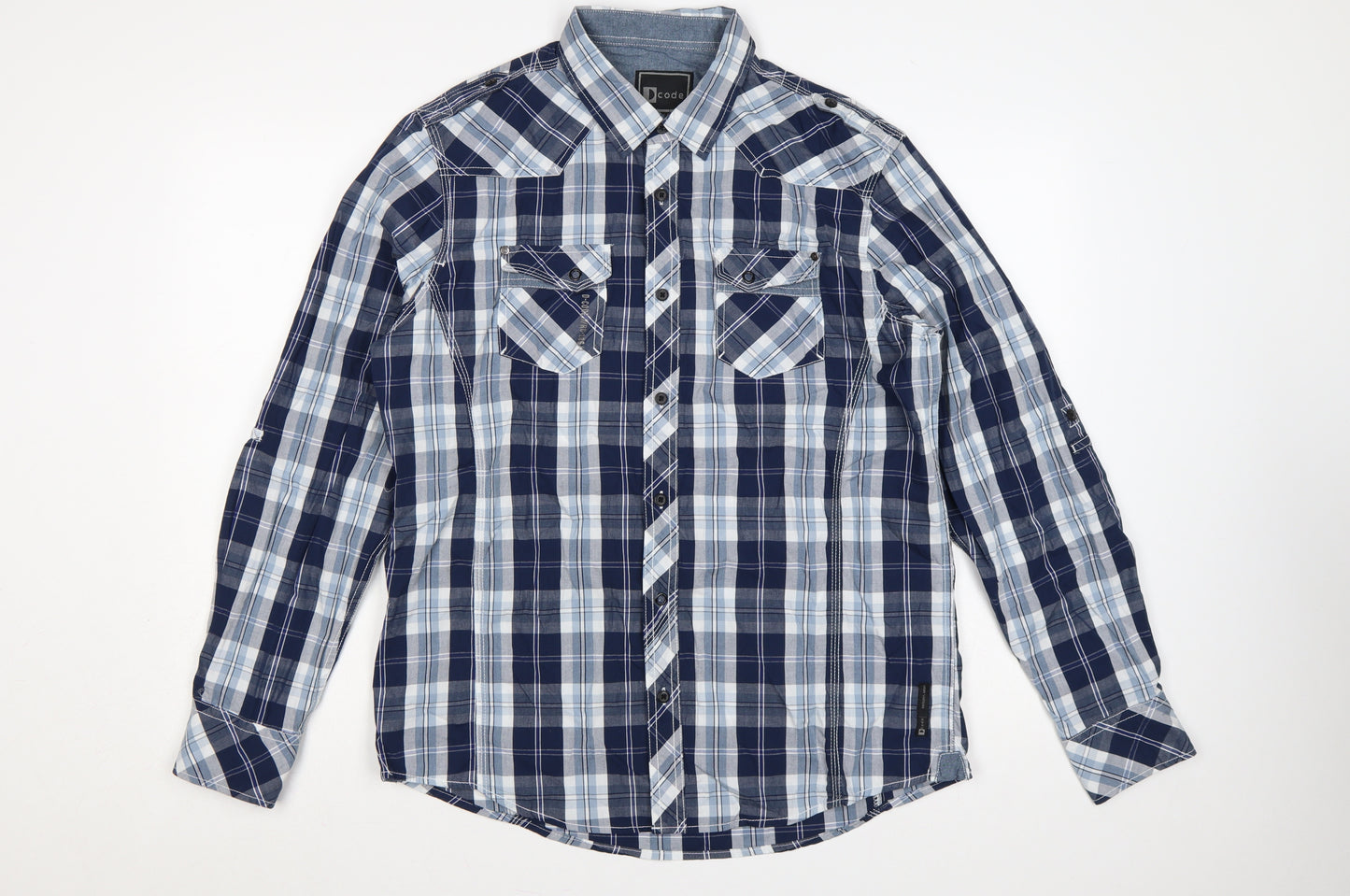 Dcode Men’s Blue Plaid Check Long Sleeve Button-Up Shirt L Casual