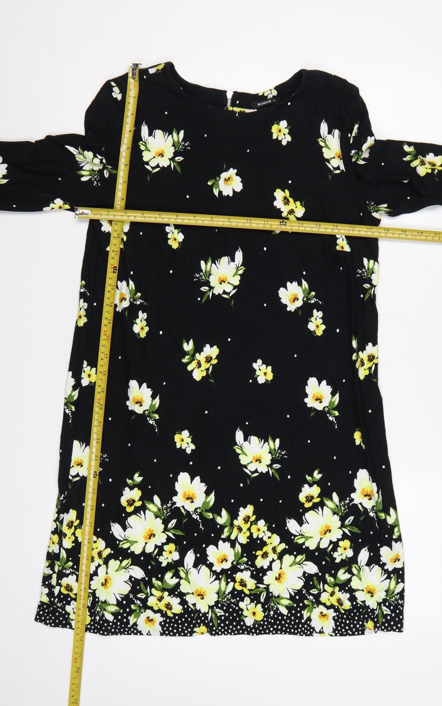 Roman Women Black Floral Long Sleeve Shift Dress UK 12 Knee Length