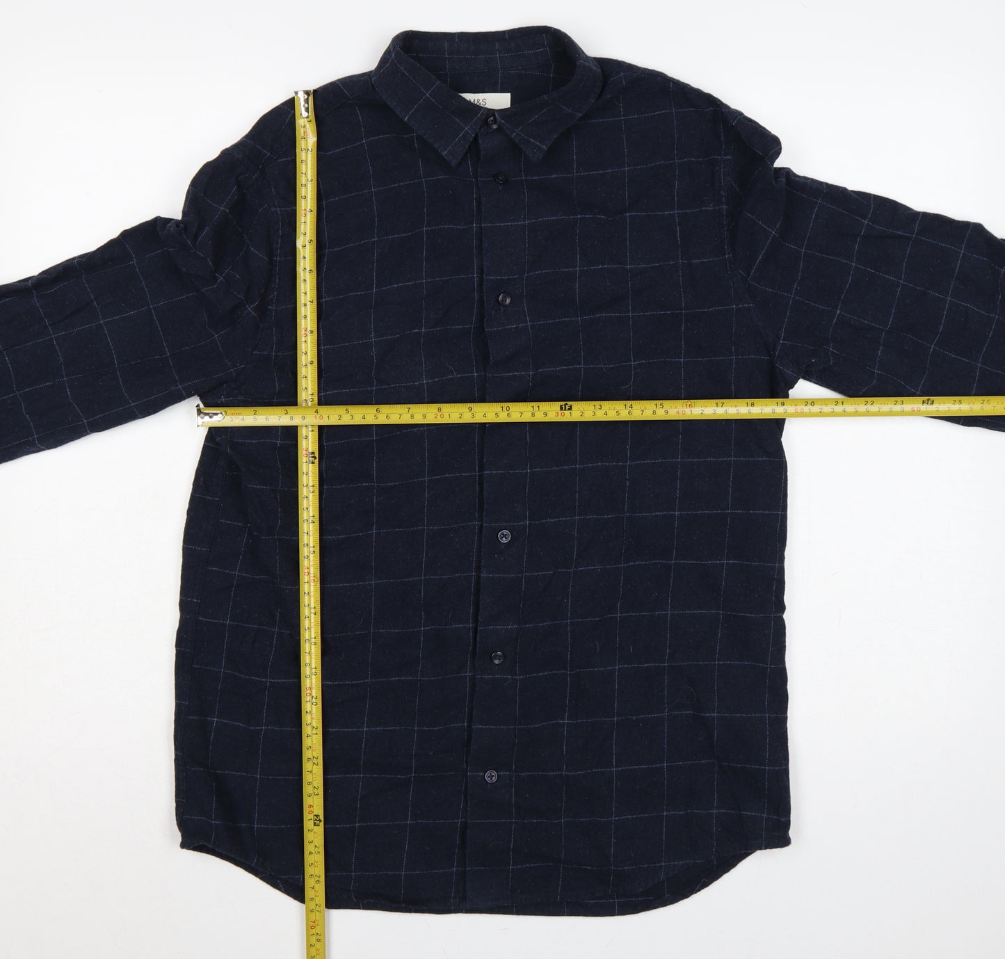 Marks & Spencer Men Blue Check Cotton Shirt M Regular Long Sleeve