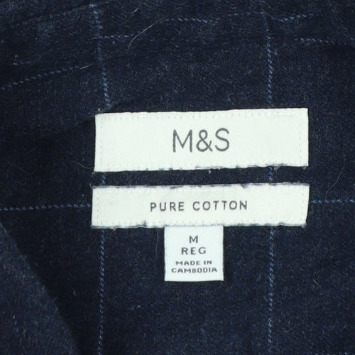 Marks & Spencer Men Blue Check Cotton Shirt M Regular Long Sleeve