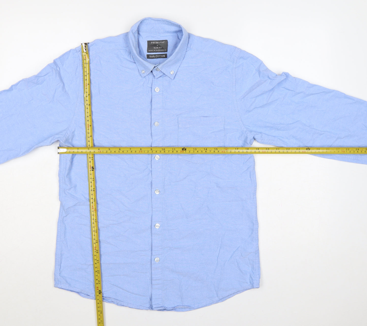 Primark Men Blue M Slim Fit Cotton Button-Down Long Sleeve Shirt