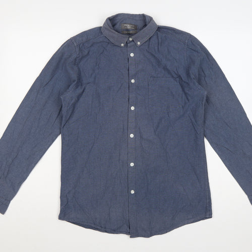 Primark Men Blue M Slim Fit Cotton Chambray Button-Down Shirt