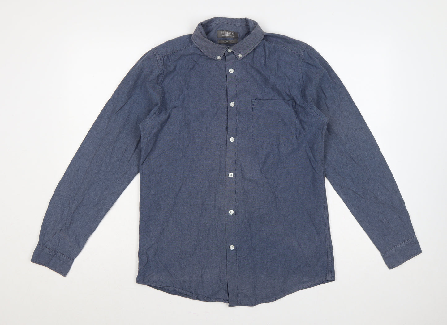 Primark Men Blue M Slim Fit Cotton Chambray Button-Down Shirt