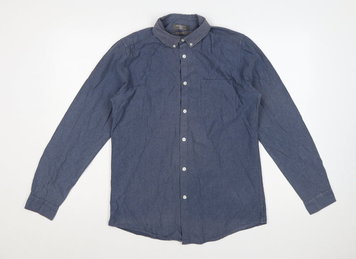 Primark Men Blue M Slim Fit Cotton Chambray Button-Down Shirt