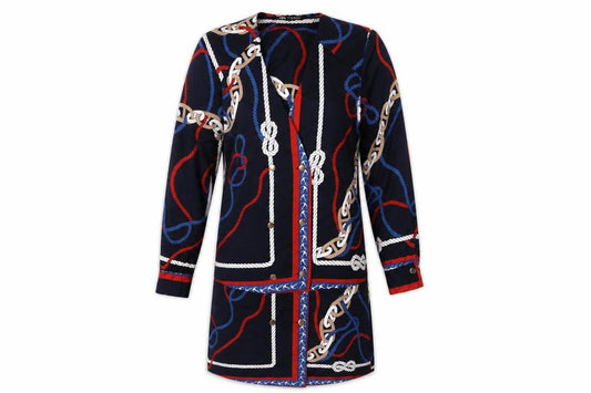 Front view of Zara Women Blue XS Shirt Dress Nautical Rope Print Long Sleeve