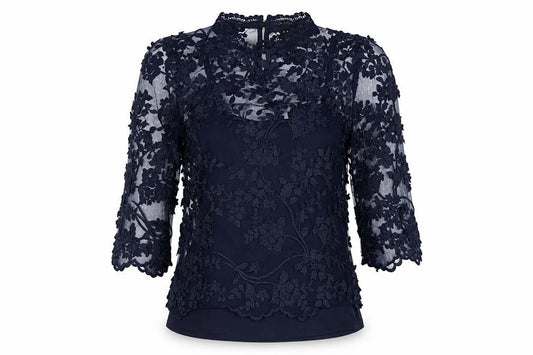 Adiva Women’s Navy Blue M Lace Floral Embroidered 3/4 Sleeve Blouse