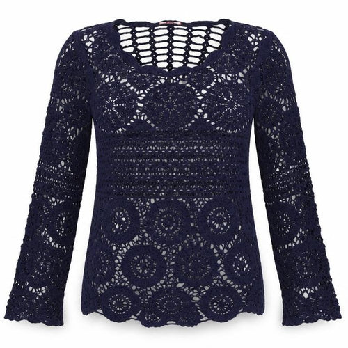 Joe Browns Women Blue UK 8 Crochet Tunic Scoop Neck Long Sleeve Boho Top