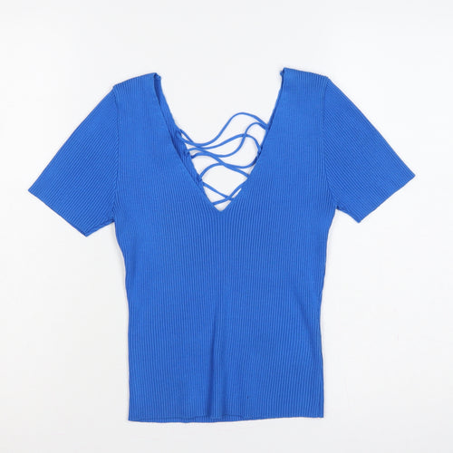 By Clara Paris Women Blue L Rib Knit Lace-Up V-Neck Top