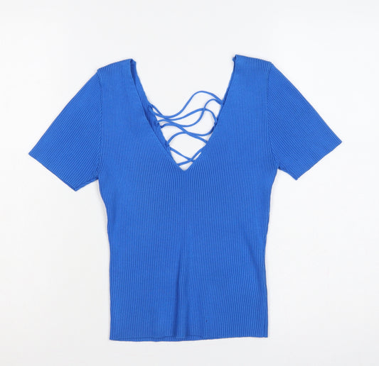 By Clara Paris Women Blue L Rib Knit Lace-Up V-Neck Top