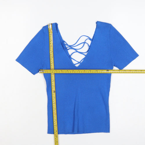 By Clara Paris Women Blue L Rib Knit Lace-Up V-Neck Top