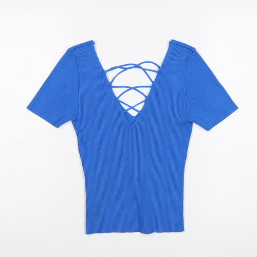 By Clara Paris Women Blue L Rib Knit Lace-Up V-Neck Top