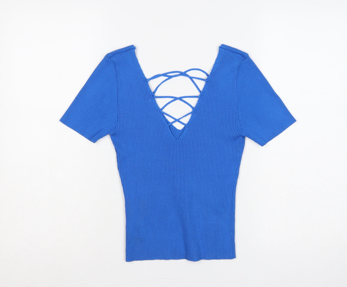 By Clara Paris Women Blue L Rib Knit Lace-Up V-Neck Top