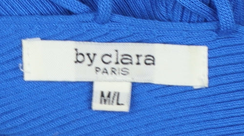 By Clara Paris Women Blue L Rib Knit Lace-Up V-Neck Top