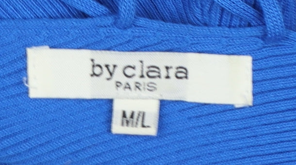 By Clara Paris Women Blue L Rib Knit Lace-Up V-Neck Top