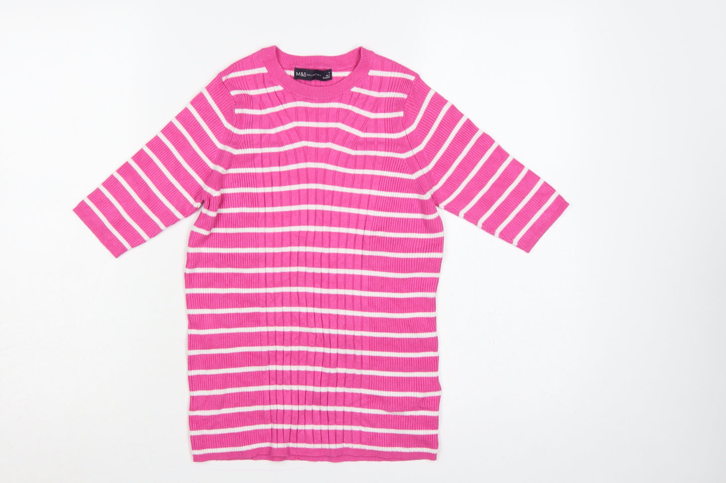 Marks and Spencer Women Pink White Stripe Rib Knit Tunic Jumper M