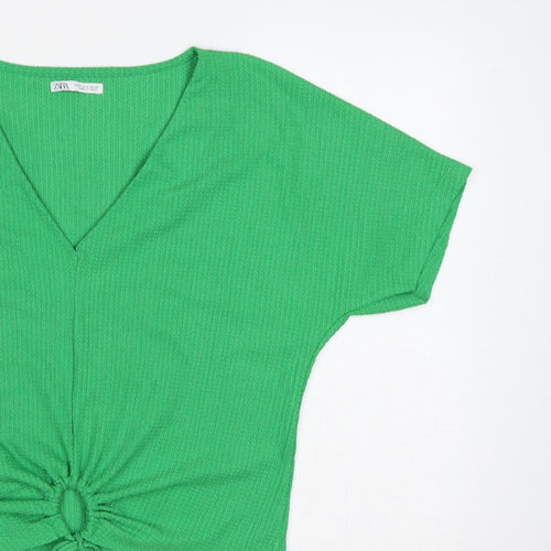 Zara Women Green M Cropped V-Neck Tie Front Short Sleeve Blouse