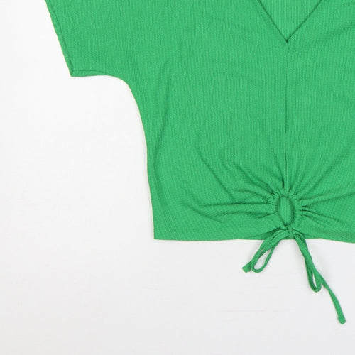 Zara Women Green M Cropped V-Neck Tie Front Short Sleeve Blouse