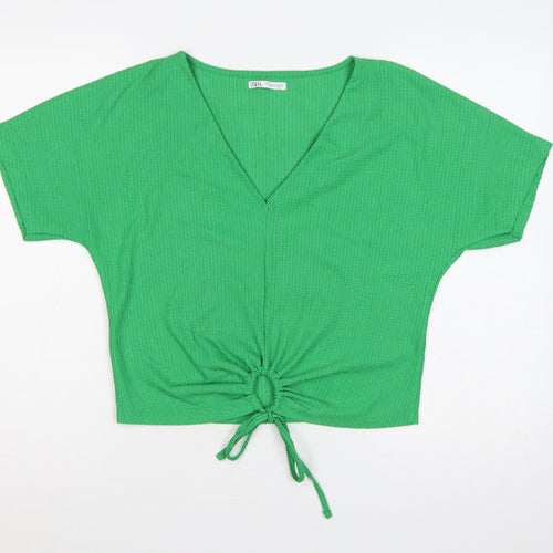 Zara Women Green M Cropped V-Neck Tie Front Short Sleeve Blouse