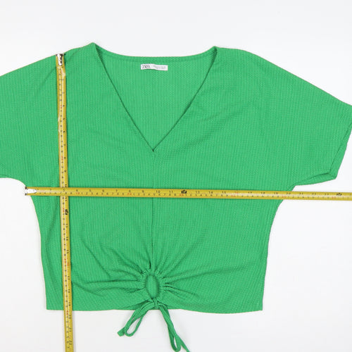 Zara Women Green M Cropped V-Neck Tie Front Short Sleeve Blouse