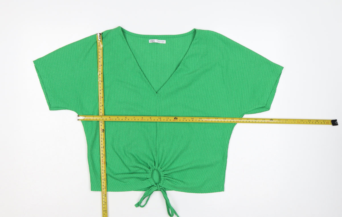 Zara Women Green M Cropped V-Neck Tie Front Short Sleeve Blouse