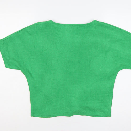 Zara Women Green M Cropped V-Neck Tie Front Short Sleeve Blouse
