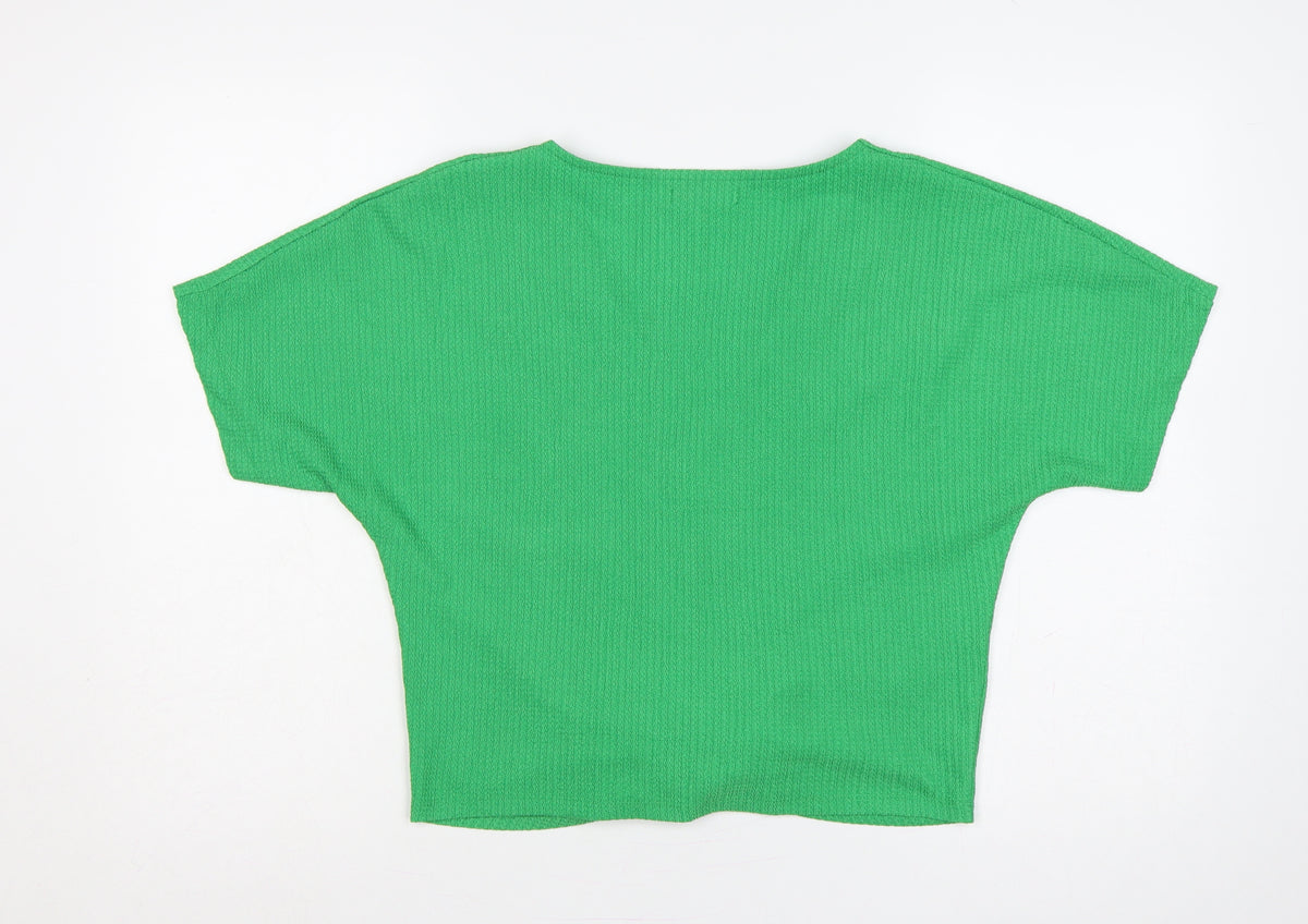 Zara Women Green M Cropped V-Neck Tie Front Short Sleeve Blouse