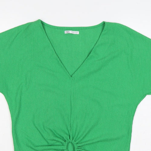 Zara Women Green M Cropped V-Neck Tie Front Short Sleeve Blouse