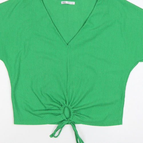 Zara Women Green M Cropped V-Neck Tie Front Short Sleeve Blouse