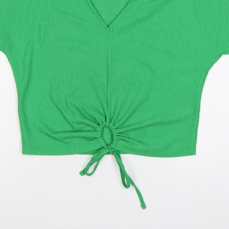 Zara Women Green M Cropped V-Neck Tie Front Short Sleeve Blouse