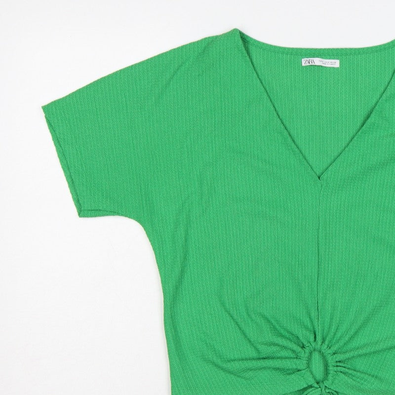 Zara Women Green M Cropped V-Neck Tie Front Short Sleeve Blouse