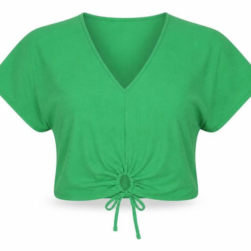 Zara Women Green M Cropped V-Neck Tie Front Short Sleeve Blouse