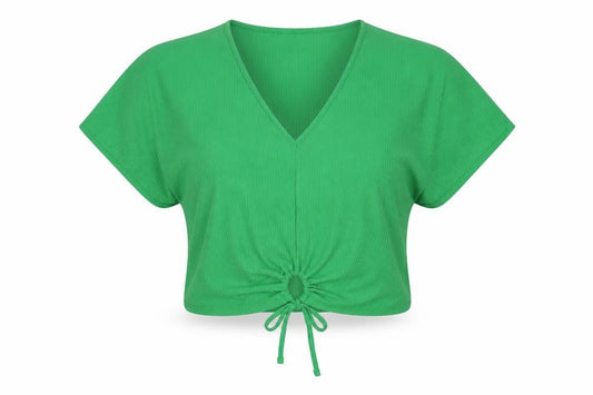 Zara Women Green M Cropped V-Neck Tie Front Short Sleeve Blouse