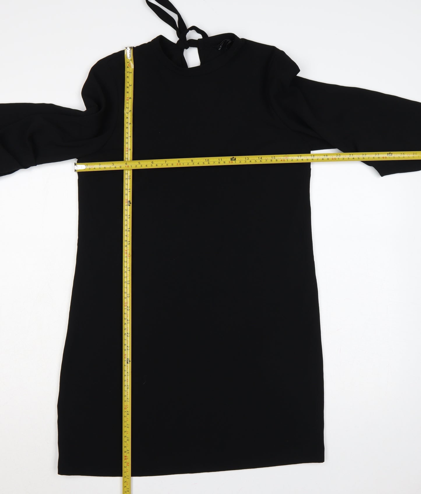 Zara Woman Black Size M Sheath Knee Dress Balloon Sleeves Tie Neck