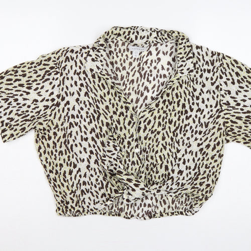 Topshop Women Brown Leopard Print Short Sleeve Button-Up Shirt UK 16