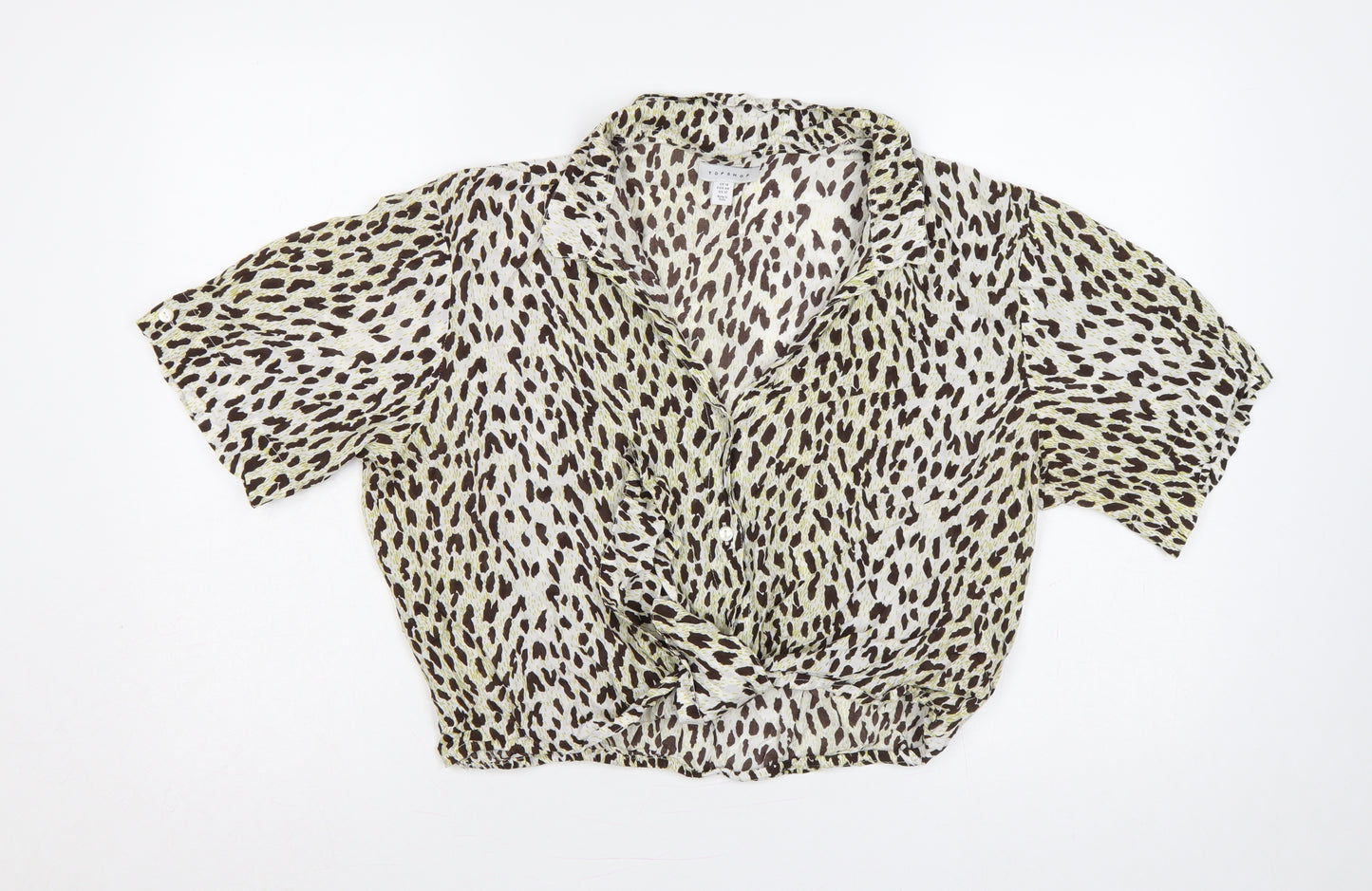 Topshop Women Brown Leopard Print Short Sleeve Button-Up Shirt UK 16
