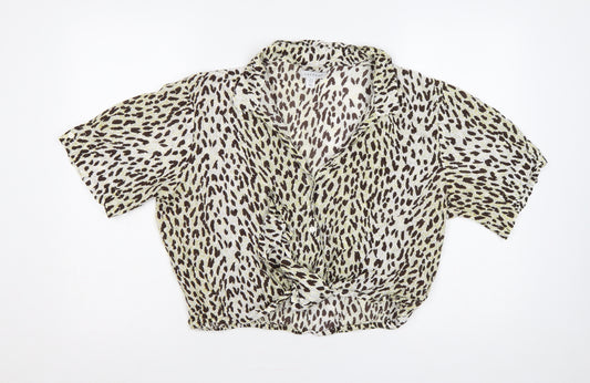 Topshop Women Brown Leopard Print Short Sleeve Button-Up Shirt UK 16