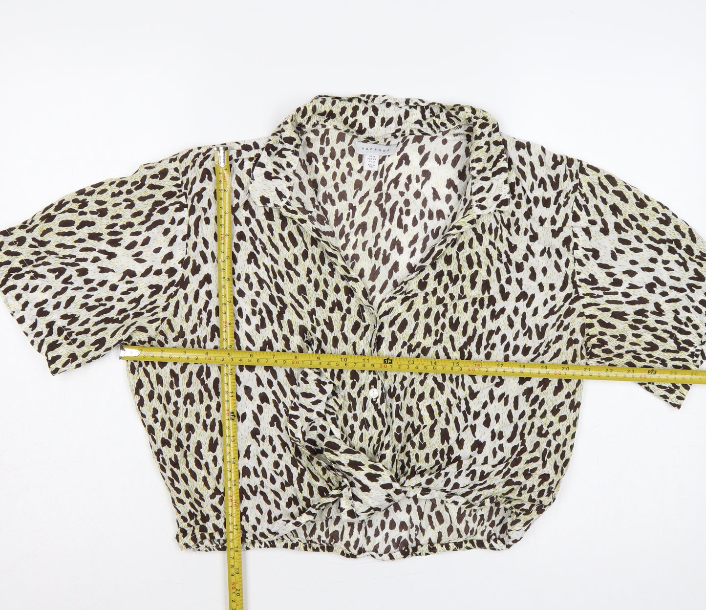 Topshop Women Brown Leopard Print Short Sleeve Button-Up Shirt UK 16